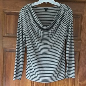 Ann Taylor Petite M black striped draped neck knit top.